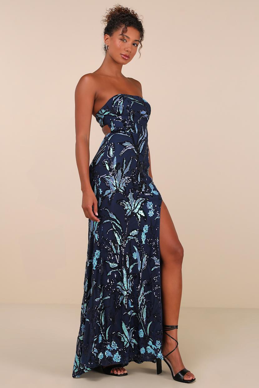 Navy Sequin Dress - Strapless Maxi Dress - Lace-Up Maxi Dress - Lulus