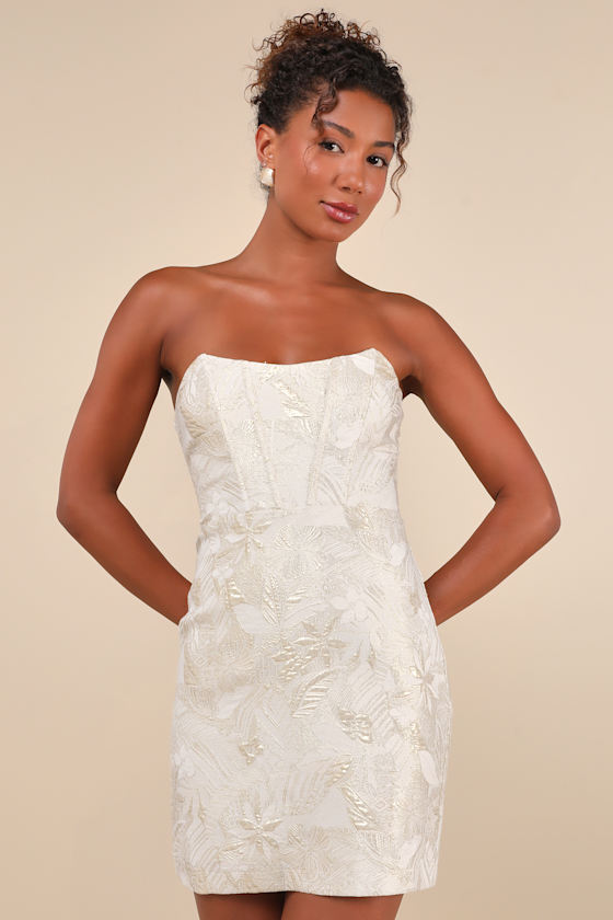 Enchanting Bombshell Cream Floral Jacquard Strapless Mini Dress 4