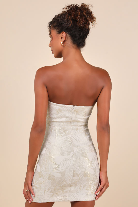 Lulus Enchanting Bombshell Cream Floral Jacquard Strapless Mini Dress In White