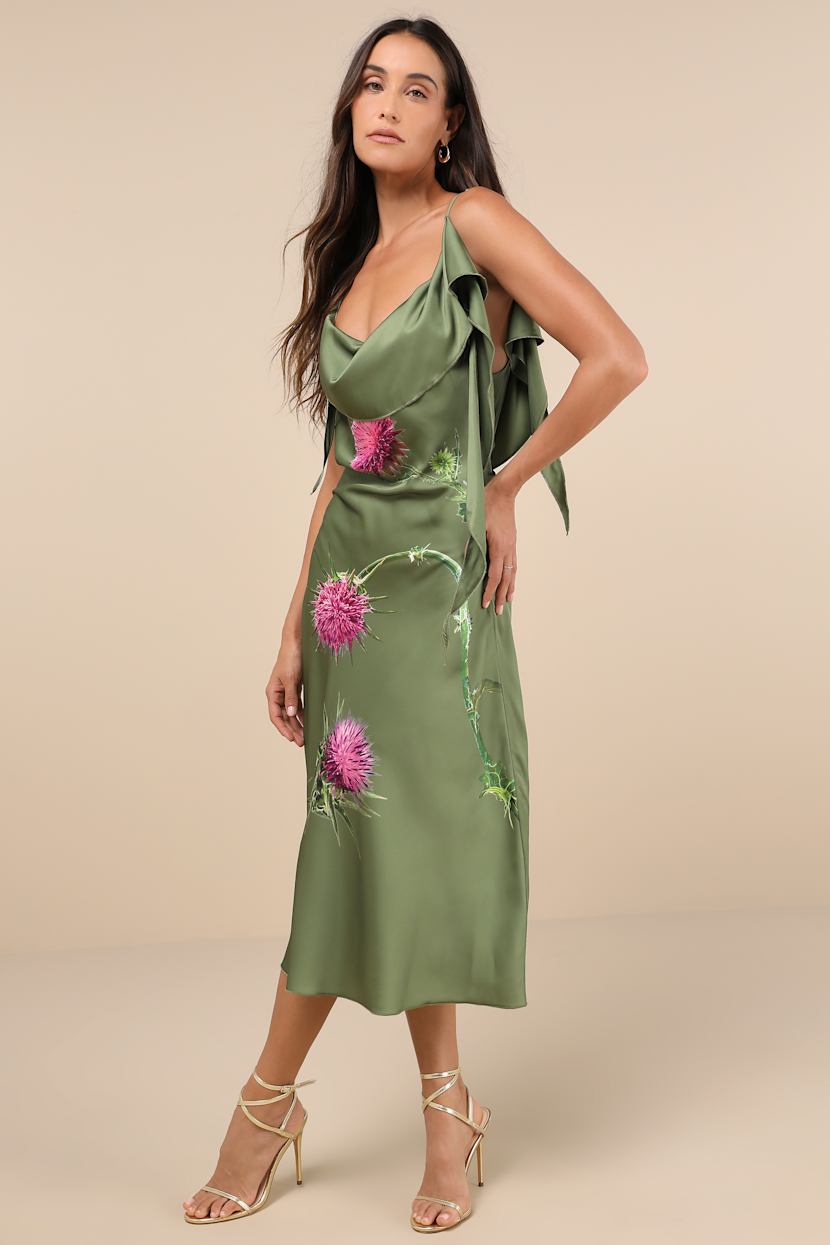 Thistle Green Multi Satin Cowl Neck Midi Dress