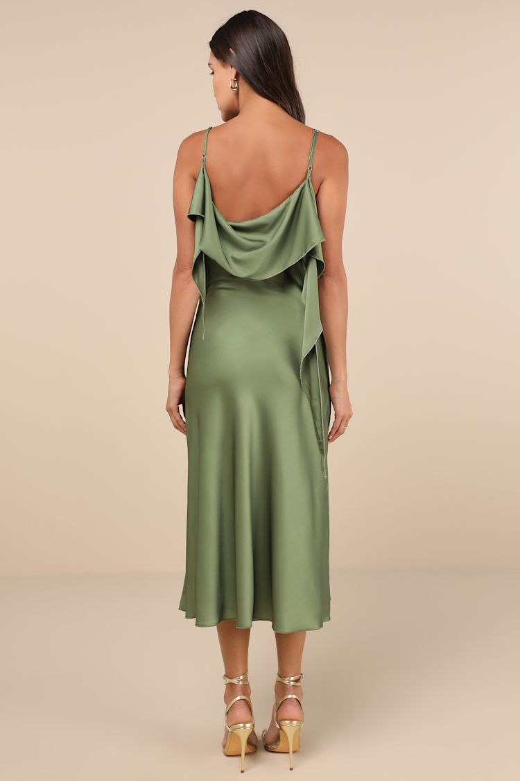 Thistle Green Multi Satin Cowl Neck Midi Dress