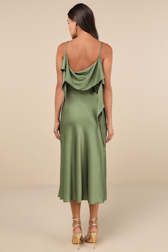 Thistle Green Multi Satin Cowl Neck Midi Dress 1