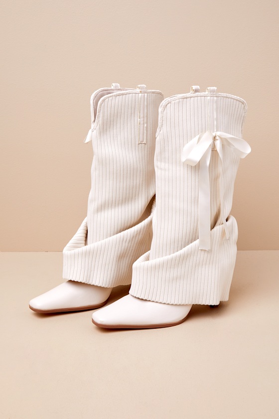 Sakiko Cream Bow Ribbed Fold-Over Mid-Calf High Heel Boots 1