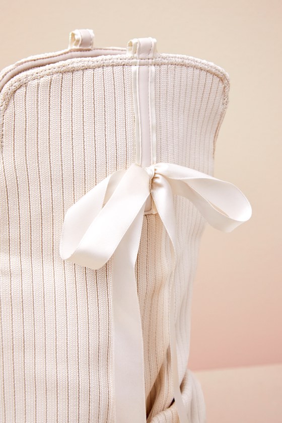 Cream High Heel Boots - Ribbed Overlay Boots - Bow Mid-Calf Boots