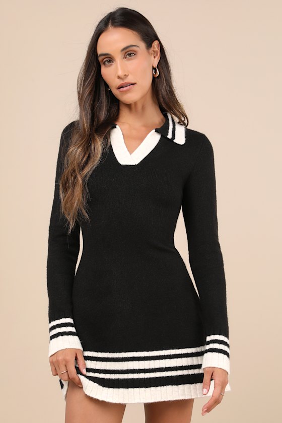 LULUS SOFT SERENITY BLACK AND IVORY COLLARED SWEATER MINI DRESS 