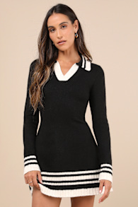 Soft Serenity Black and Ivory Collared Sweater Mini Dress 1