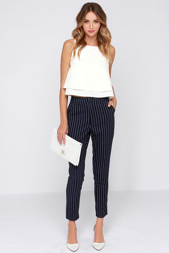 navy and white striped trousers