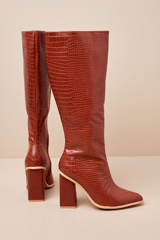Rozalia Camel Crocodile-Embossed Knee-High Boots 2