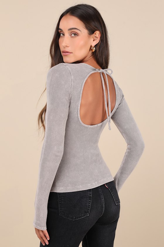 Washed Light Grey Top - Ribbed Knit Long Sleeve Top - Cutout
