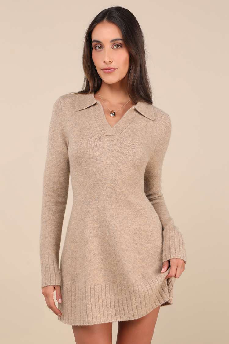 Lulus | Taupe Collared Sweater Mini Dress | Womens | Large (Available in XL) | Polyester/Spandex/Nylon