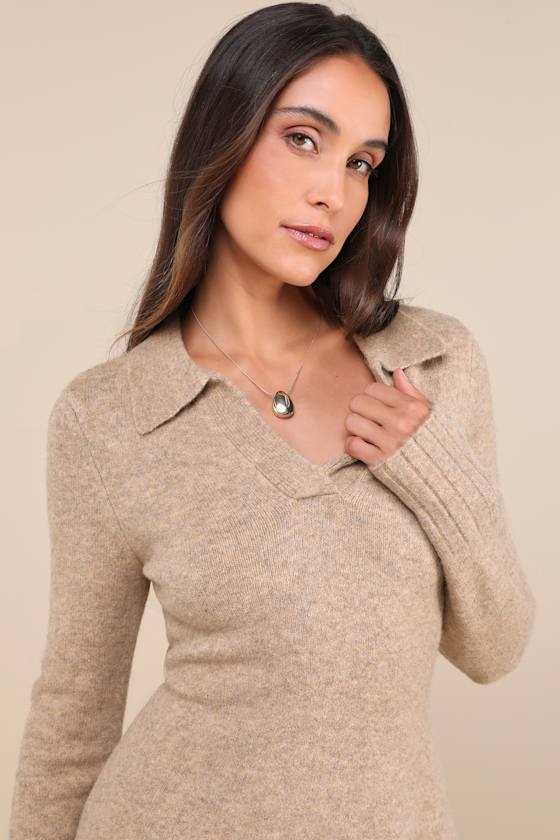 Lulus Soft Serenity Heather Taupe Collared Sweater Mini Dress In Taupe