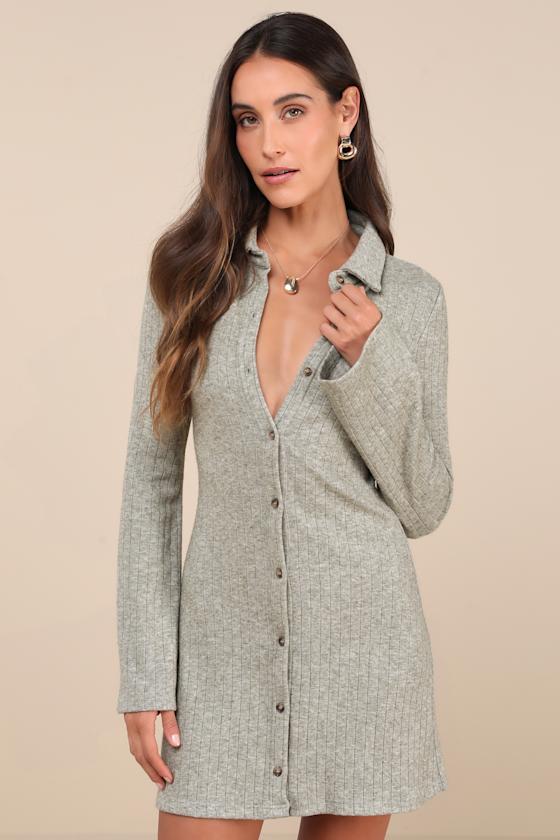Lulus Cuddly Sweetness Heather Green Button-front Sweater Mini Dress In Green