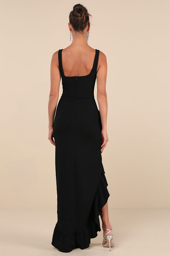 Lulus Immaculate Excellence Black Sleeveless Ruffled Tulip Maxi Dress In Black