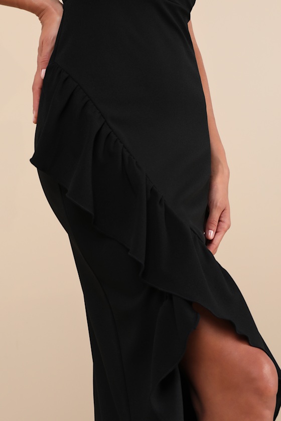 Lulus Immaculate Excellence Black Sleeveless Ruffled Tulip Maxi Dress In Black