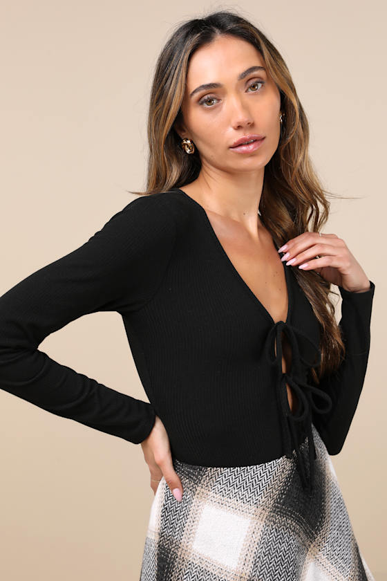 Lulus Lovely Ties Black Ribbed Knit Tie-front Long Sleeve Bodysuit In Black