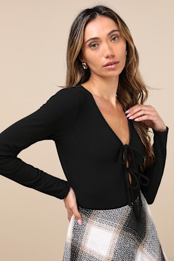 Lovely Ties Black Ribbed Knit Tie-Front Long Sleeve Bodysuit 3