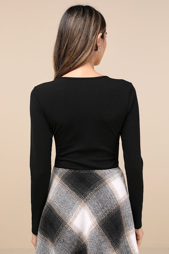 Lulus Lovely Ties Black Ribbed Knit Tie-front Long Sleeve Bodysuit In Black