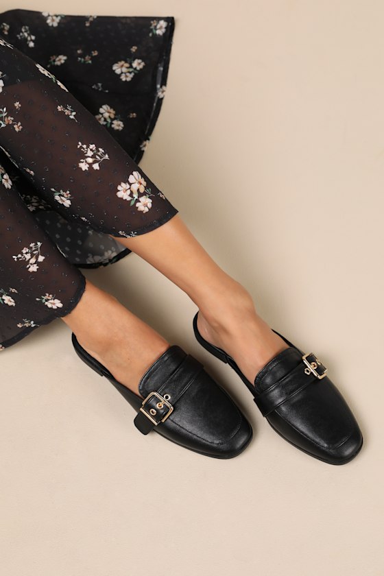 Black Mule Slides Faux Leather Mule Slides Buckle Mule Slides Lulus