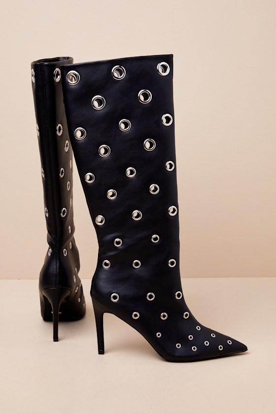 Noella Black Eyelet Pointed-Toe Knee-High Boots 1