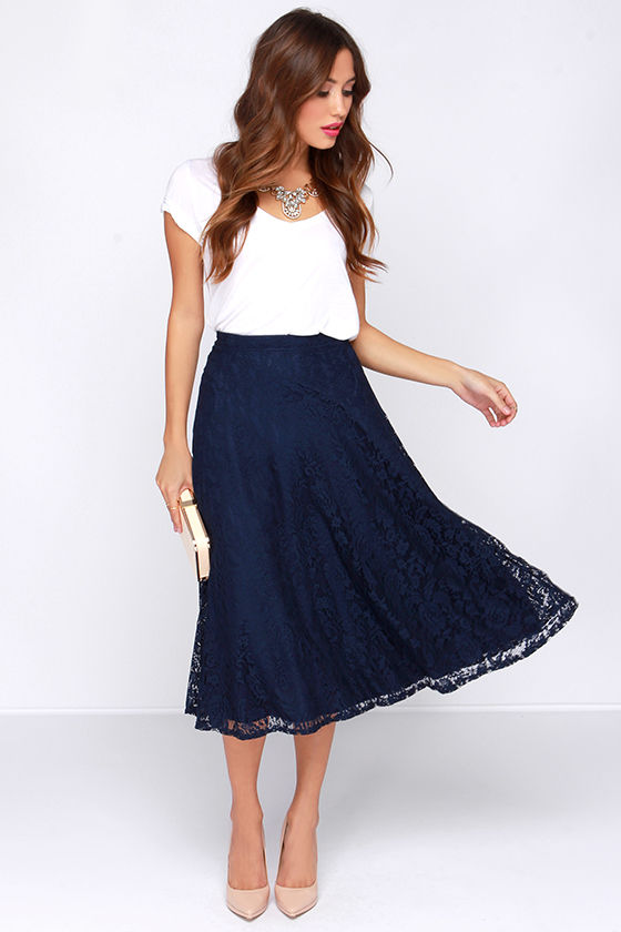 Pretty Navy Blue Skirt - Midi Skirt - Lace Skirt - High Waisted Skirt ...