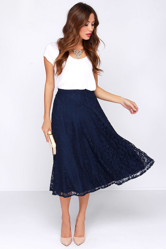 Navy Blue Skirt
 Pretty Navy Blue Skirt Midi Skirt Lace Skirt High Waisted Skirt