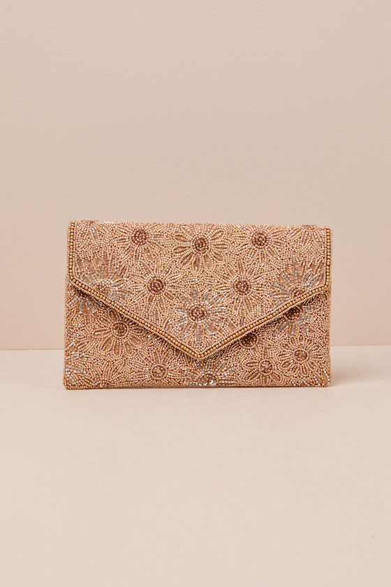Lulus Dazzling Favorite Gold Beaded Floral Clutch In Gold