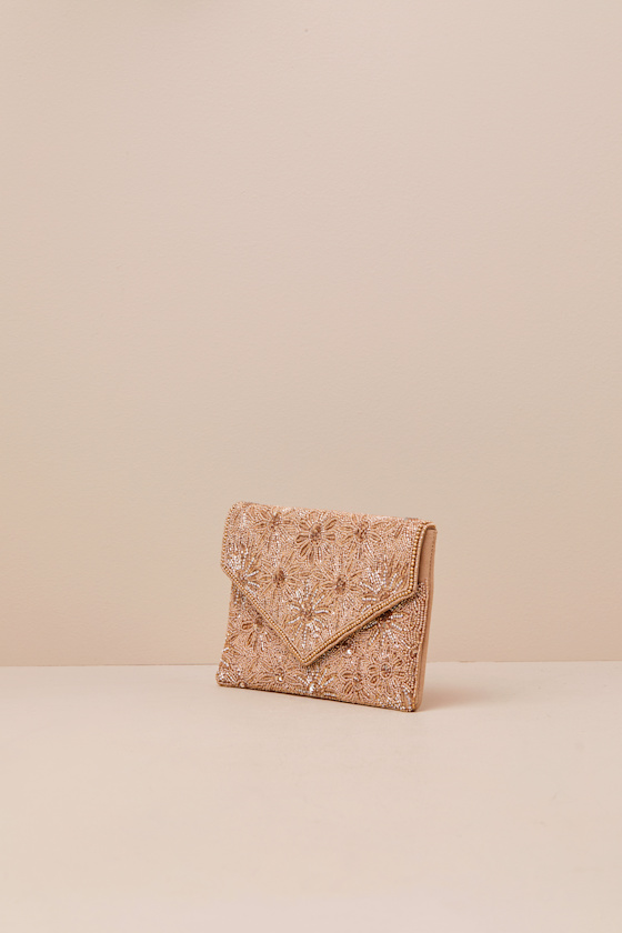 Lulus Dazzling Favorite Gold Beaded Floral Clutch In Gold
