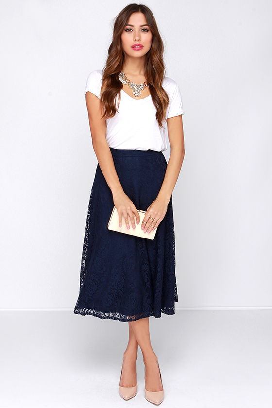 ★LOW CLASSIC★ LACE MIDI SKIRTBLUE NAVY LC251SK03B2 Pretty Navy Blue Skirt - Midi Skirt - Lace Skirt - High