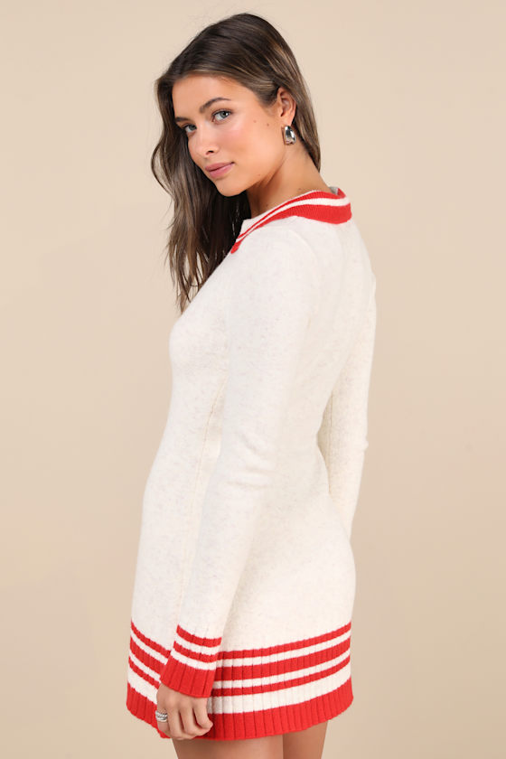 Lulus Soft Serenity Heather Ivory And Red Collared Sweater Mini Dress In Ivory