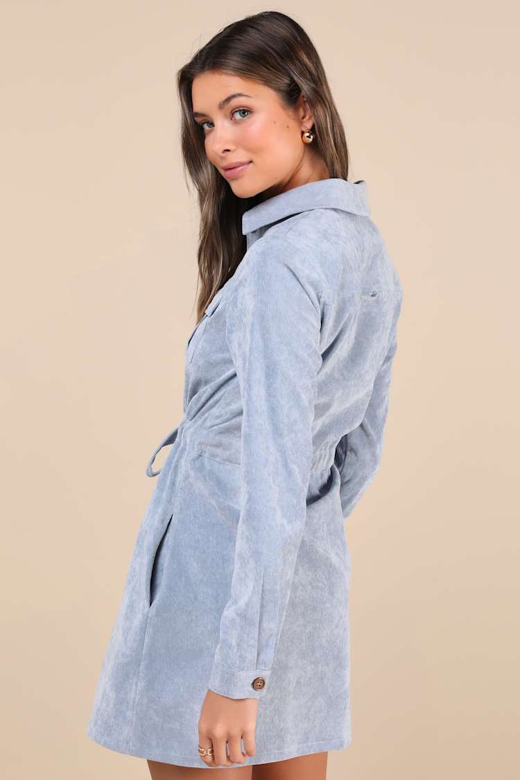 Simple Affection Blue Corduroy Mini Dress With Pockets