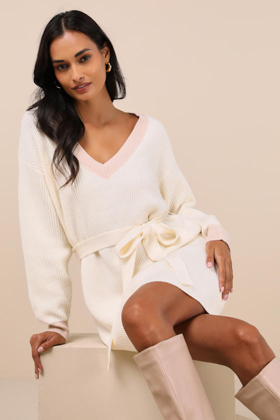 Lulus Cuddly Forecast Ivory Long Sleeve Belted Sweater Mini Dress In Ivory