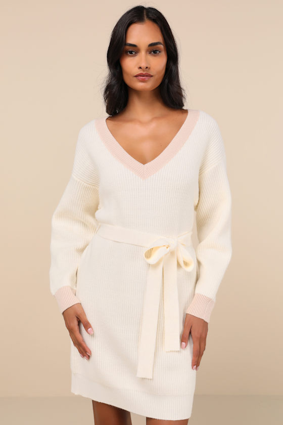 Lulus Cuddly Forecast Ivory Long Sleeve Belted Sweater Mini Dress In Ivory