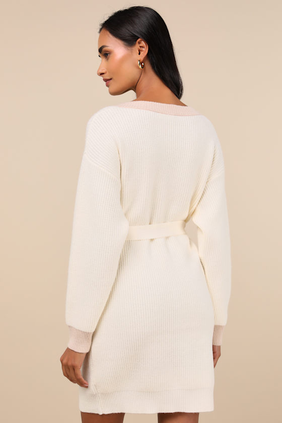 Lulus Cuddly Forecast Ivory Long Sleeve Belted Sweater Mini Dress In Ivory