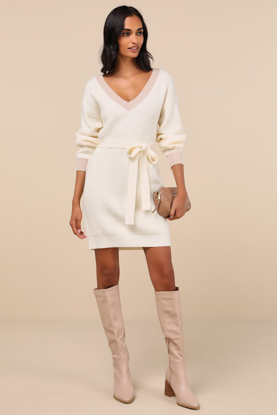 Lulus Cuddly Forecast Ivory Long Sleeve Belted Sweater Mini Dress In Ivory