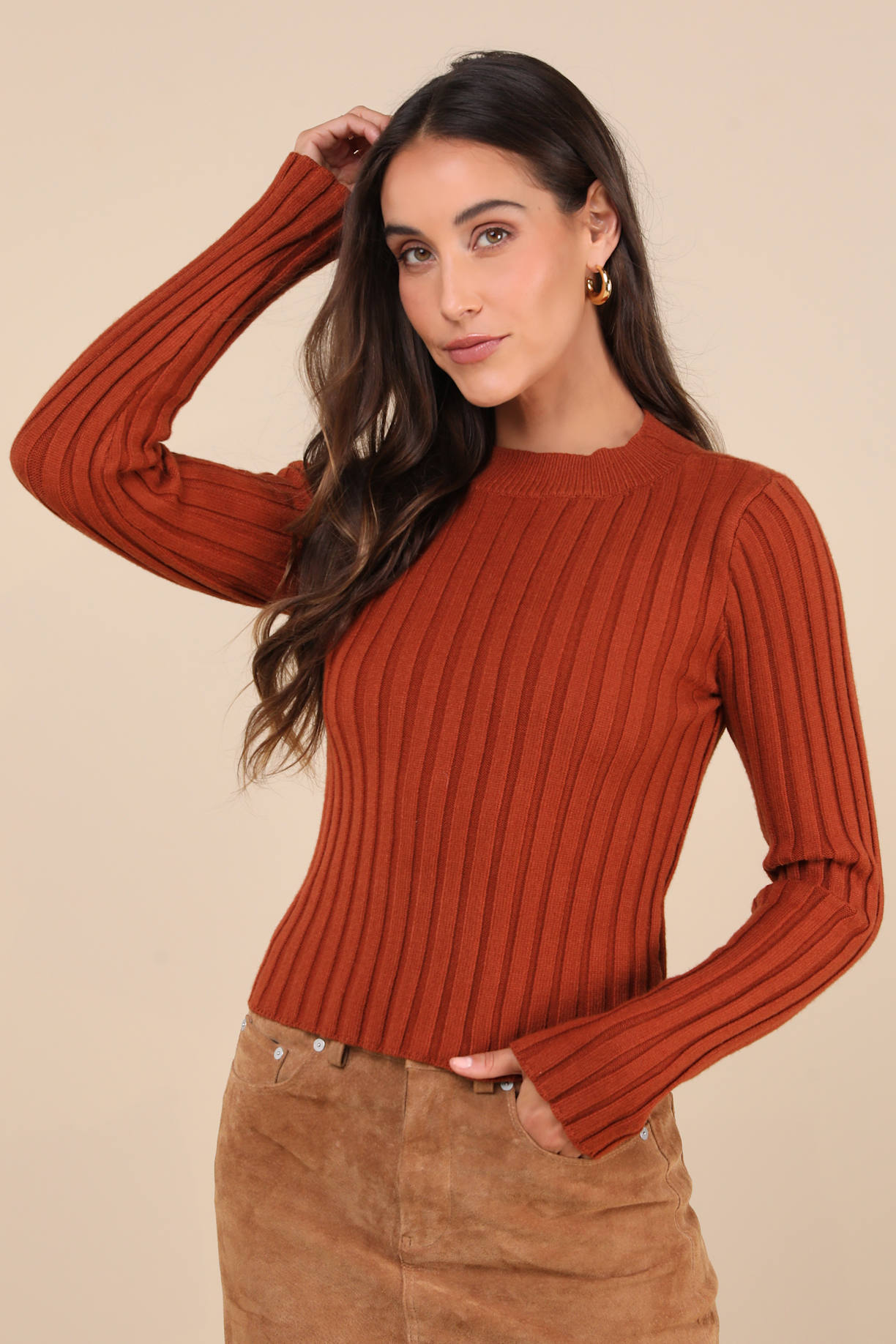 Snuggly Expression Rust Orange Ribbed Mock Neck Sweater Top