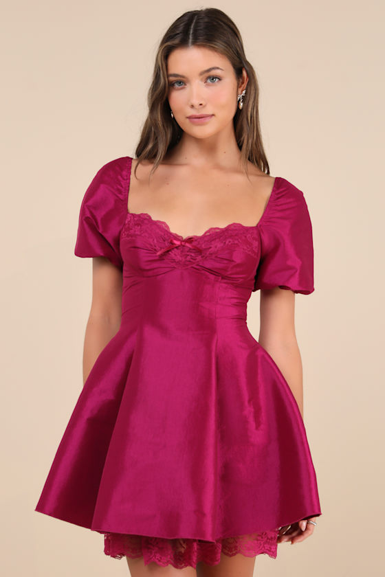 Lulus Enchanting Presence Magenta Taffeta Lace Puff Sleeve Mini Dress In Magenta