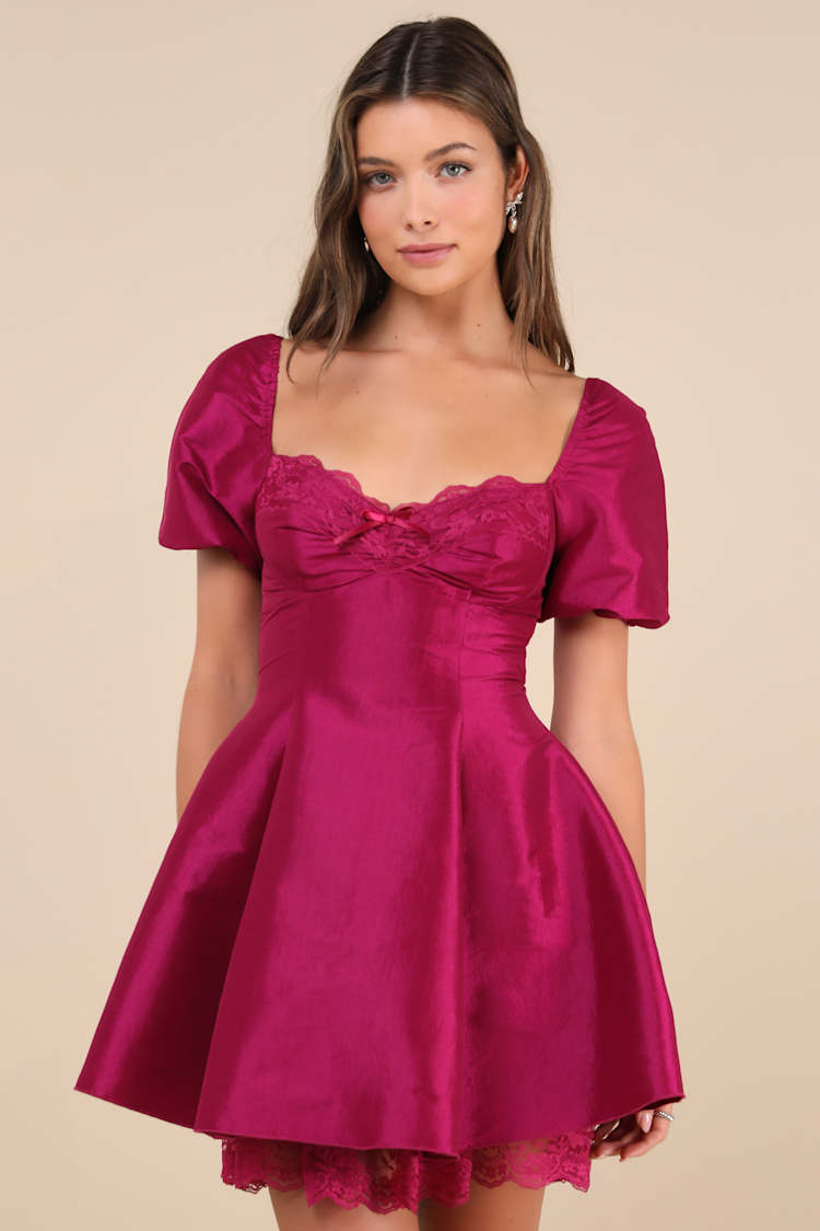 Enchanting Presence Magenta Taffeta Lace Puff Sleeve Mini Dress