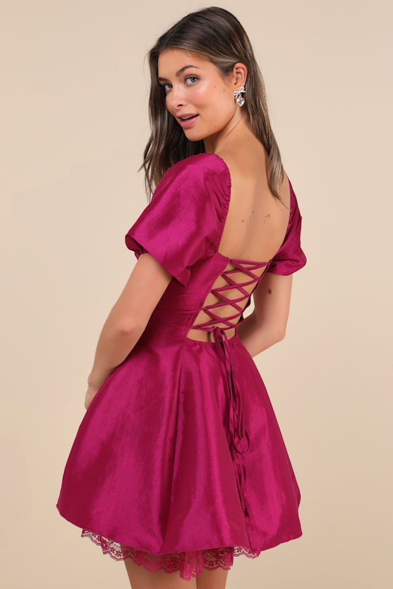 Lulus Enchanting Presence Magenta Taffeta Lace Puff Sleeve Mini Dress In Magenta