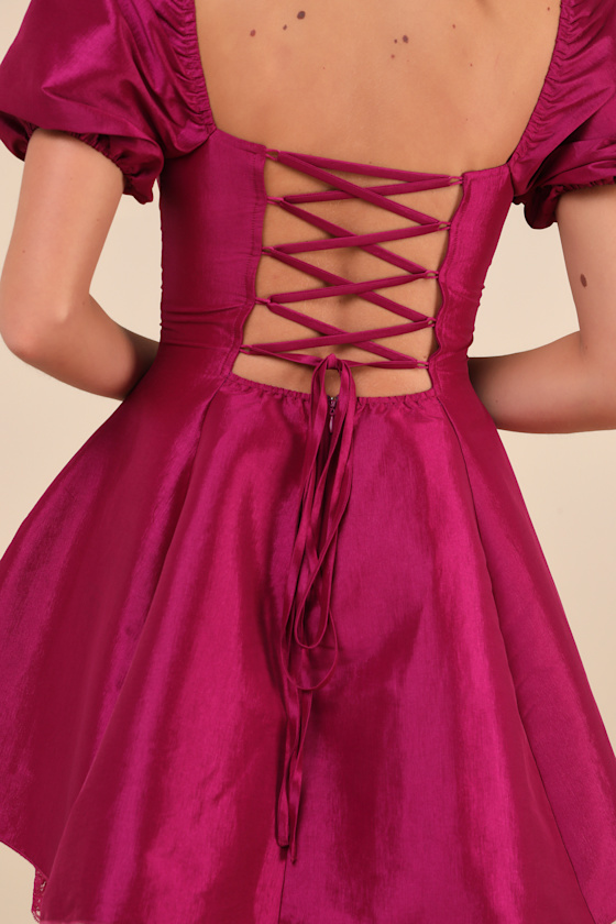 Lulus Enchanting Presence Magenta Taffeta Lace Puff Sleeve Mini Dress In Magenta