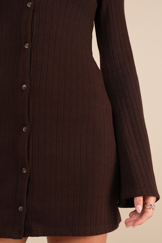 Lulus Cuddly Sweetness Brown Button-front Sweater Mini Dress In Brown