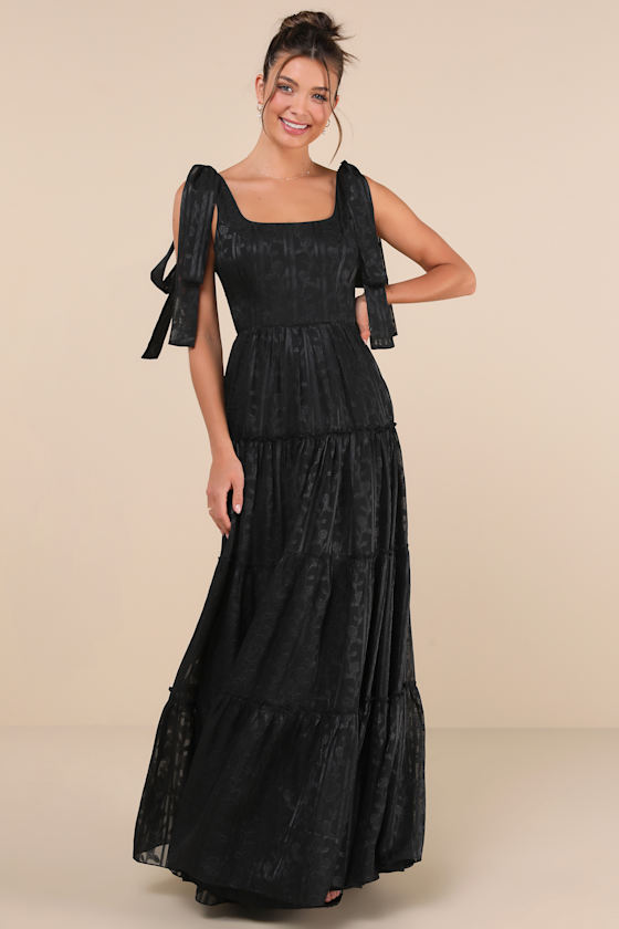 Lulus Picturesque Allure Black Jacquard Tie-strap Maxi Dress In Black
