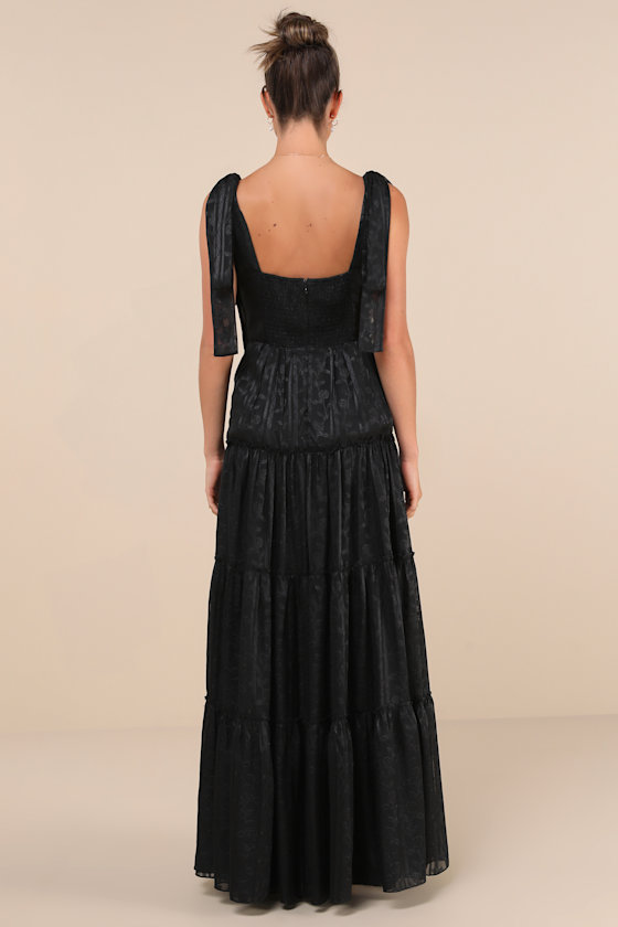 Lulus Picturesque Allure Black Jacquard Tie-strap Maxi Dress In Black