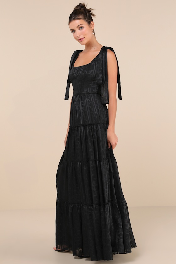 Lulus Picturesque Allure Black Jacquard Tie-strap Maxi Dress In Black