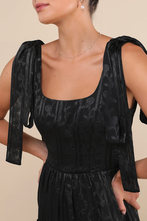 Lulus Picturesque Allure Black Jacquard Tie-strap Maxi Dress In Black