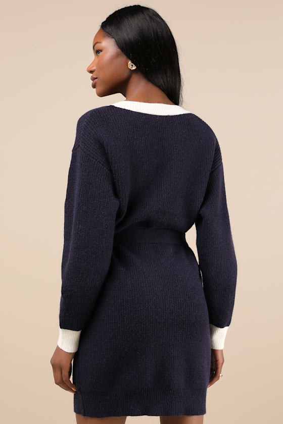 Lulus Cuddly Forecast Navy Long Sleeve Belted Sweater Mini Dress In Navy