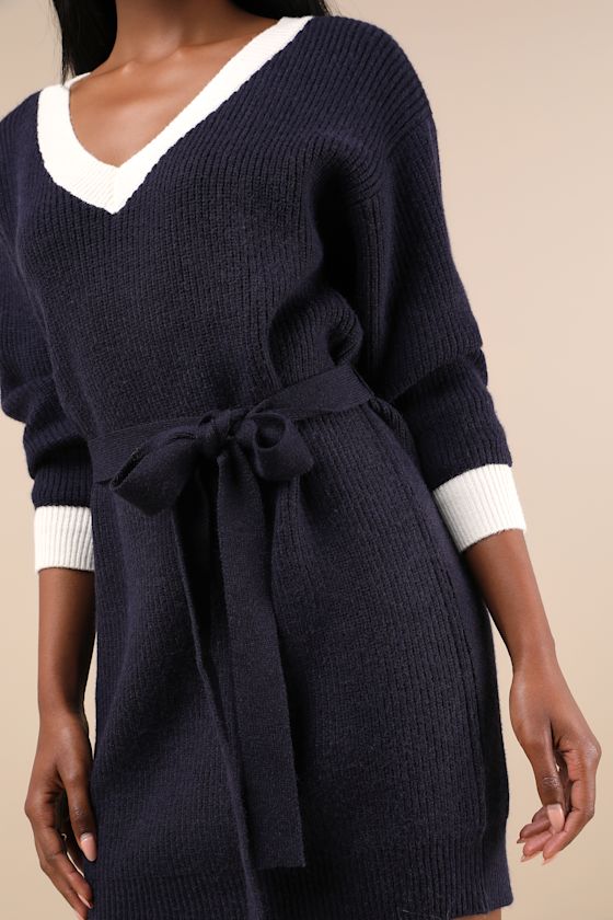 Lulus Cuddly Forecast Navy Long Sleeve Belted Sweater Mini Dress In Navy