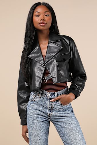 Amat Black Vegan Leather Cropped Moto Jacket 4