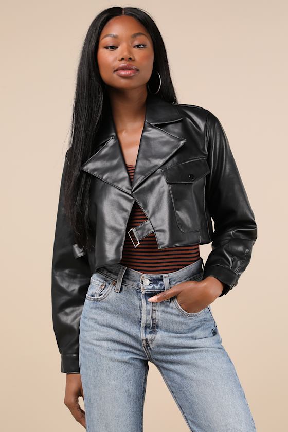 Amat Black Vegan Leather Cropped Moto Jacket 4