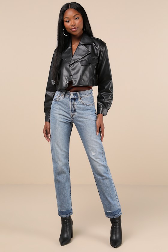 Amat Black Vegan Leather Cropped Moto Jacket 1