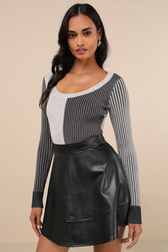 LULUS MOD CUTIE GREY COLOR BLOCK RIBBED LONG SLEEVE BODYSUIT